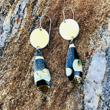 Load image into Gallery viewer, Vintage Black and Golden Discs Upcycled Teardrop Tin Earrings