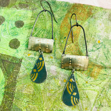 Vintage Gold & Slate Teardrops Aqua Rings Upcycled Teardrop Tin Earrings