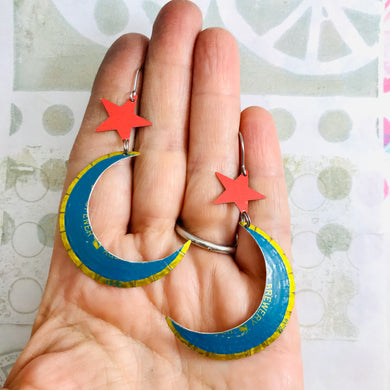 Bright Blue Moons & Scarlet Stars Upcycled Tin Earrings