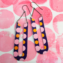 Load image into Gallery viewer, Long Purple Dotty Horseshoes Zero Waste Tin Earrings
