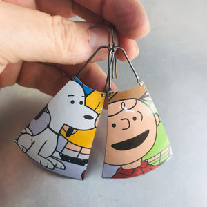 charlie brown and snoopy upcycled tin earrings by christine terrell for adaptive reuse