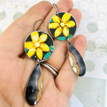 Load image into Gallery viewer, Yellow Blossoms &amp; Teardrops Upcycled Teardrop Tin Earrings