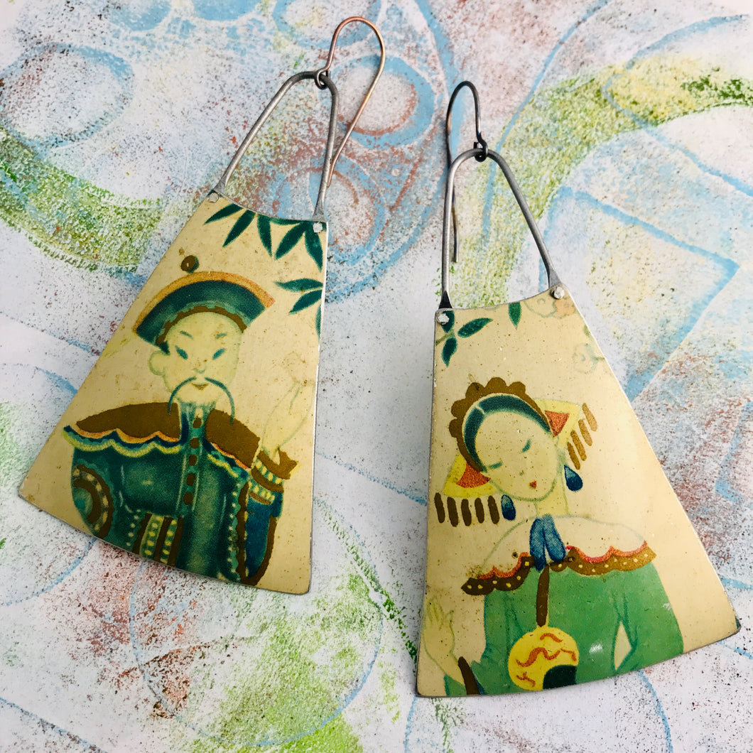 Japanese Couple Upcycled Tin Long Fans Earrings
