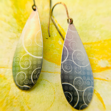 White Swirls on Charcoal & Sunshine Upcycled Teardrop Tin Earrings
