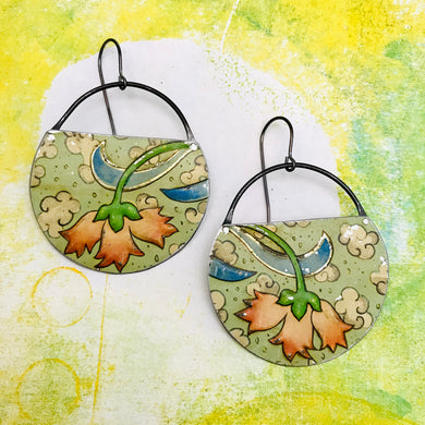 Pale Pink Blossoms on Dusty Seafoam Circles Recycled Tin Earrings
