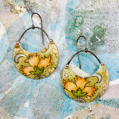 Pink Flowers on Dusty Seafoam Circles Upcycled Tin Earrings