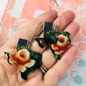 Pink Roses on Black Texas Upcycled Tin Earrings