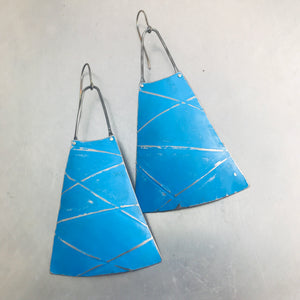 Bright Blue Distressed Lines Upcycled Long Fan Tin Earrings