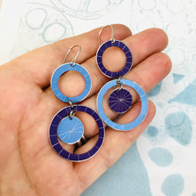 Load image into Gallery viewer, RESERVED Purple &amp; Cornflower Starburst Multi Circles Upcycled Tin Earrings