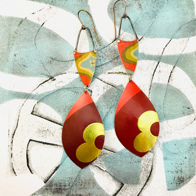 Golden Flower & Retro Pattern Upcycled Long Pod Tin Earrings