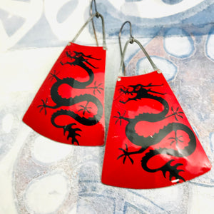 Chinese Dragons on Red Upcycled Tin Fans Earrings