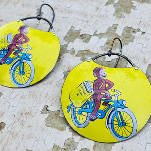 Curious George Delivery Circles Upcycled Tin Earrings