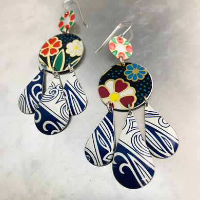 Mixed Dark Blues & Flowers Zero Waste Tin Chandelier Earrings