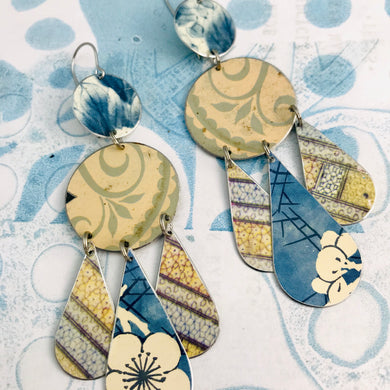 Mixed Patterns Pale Peach & Blues Zero Waste Tin Chandelier Earrings