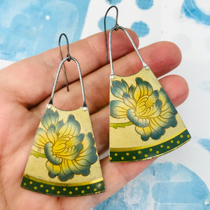 Blue Blossoms & Polka Dots Upcycled Tin Long Fans Earrings