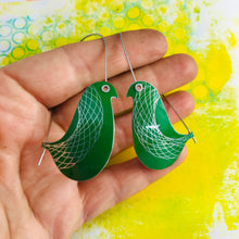 Load image into Gallery viewer, Paris Green Spirograph Birds on a Wire Upcycled Tin Earrings