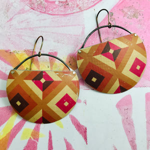 Mod Square Pattern Upcycled Tin Circle Earrings