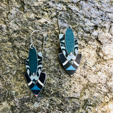 Load image into Gallery viewer, Mixed Blues &amp; Teal Reuleaux Triangle Upcycled Teardrop Tin Earrings