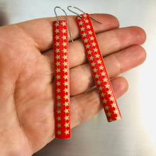 Load image into Gallery viewer, Tiny Gold Stars on Bright Red Long Rectangle Tin Earrings