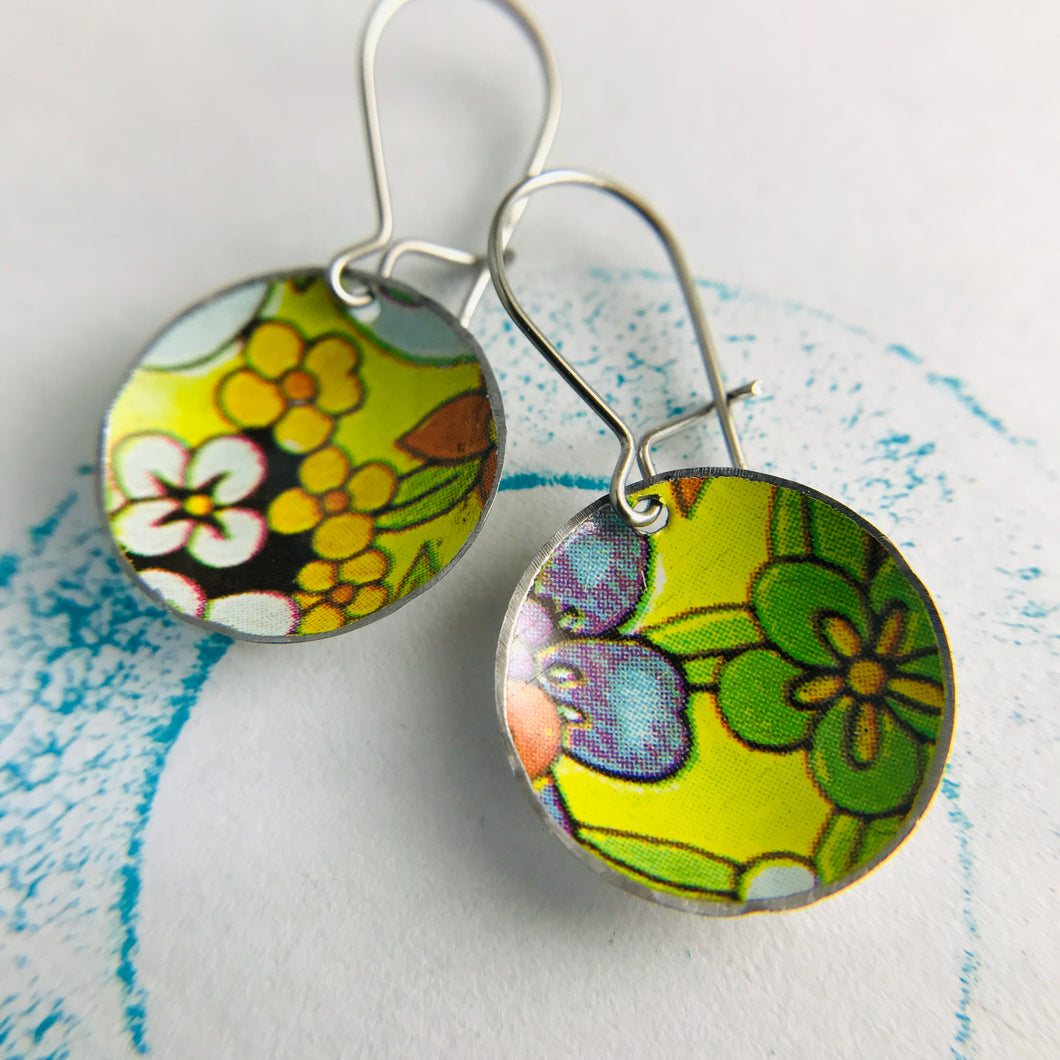 Yellow-y Allover Flowers Upcycled Tiny Dot Earrings