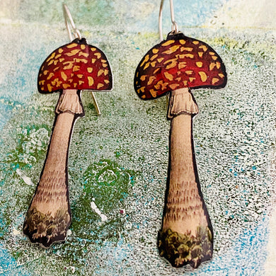 Dotty Red Capped Mushrooms Upcycled Tin Earrings