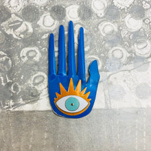 Load image into Gallery viewer, Large Hamsa In Sky Blue &amp; Persimmon Tin Wall Art