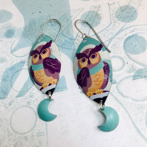 Crescent Moon Owls Upcycled Tin Earrings