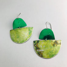 Load image into Gallery viewer, Antiqued &amp; Shimmery Greens Upcycled Tin Boat Earrings
