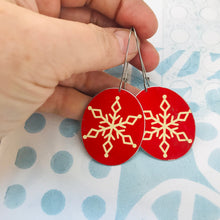 Load image into Gallery viewer, Creamy Snowflakes on Red Large Ovals Tin Earrings