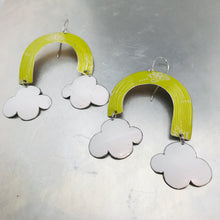 Load image into Gallery viewer, Rainbow and Clouds Typography Upcycled Tin Earrings by Christine Terrell for adaptive reuse jewelry