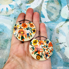 Load image into Gallery viewer, Orange Blossoms Circles Upcycled Tin Earrings