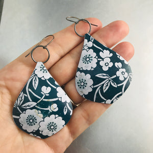 Big Cherry Blossoms on Denim Teardrop Upcycled Tin Earrings