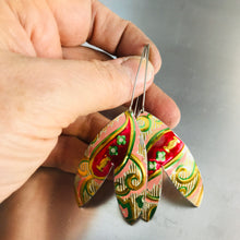Load image into Gallery viewer, Shimmery Golden &amp; Red Paisley Upcycled Tin Double Leaf Earrings