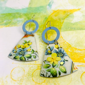 Gorgeous Blue & Yellow Flowers Small Fan Tin Earrings