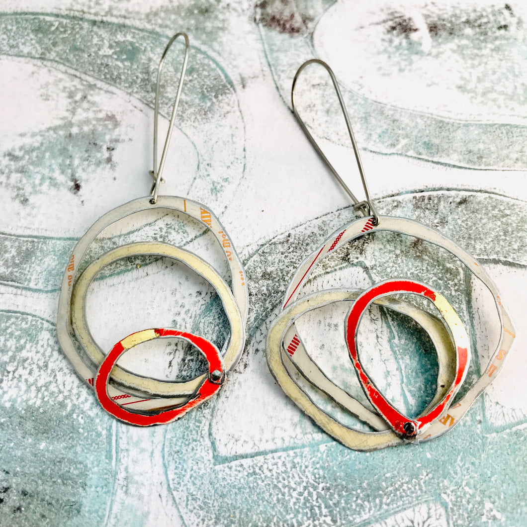 Creamy Whites & Pop of Red Smaller Scribbles Upcycled Tin Earrings