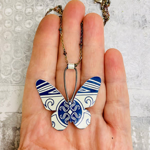 Navy & Cream Small Butterfly Upcycled Tin Necklace
