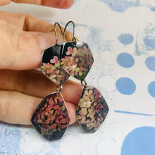 Load image into Gallery viewer, Faceted Pink Hydrangeas Upcycled Teardrop Tin Earrings