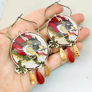 #4 Chinese Dragon Recycled Tin Chandelier Earrings