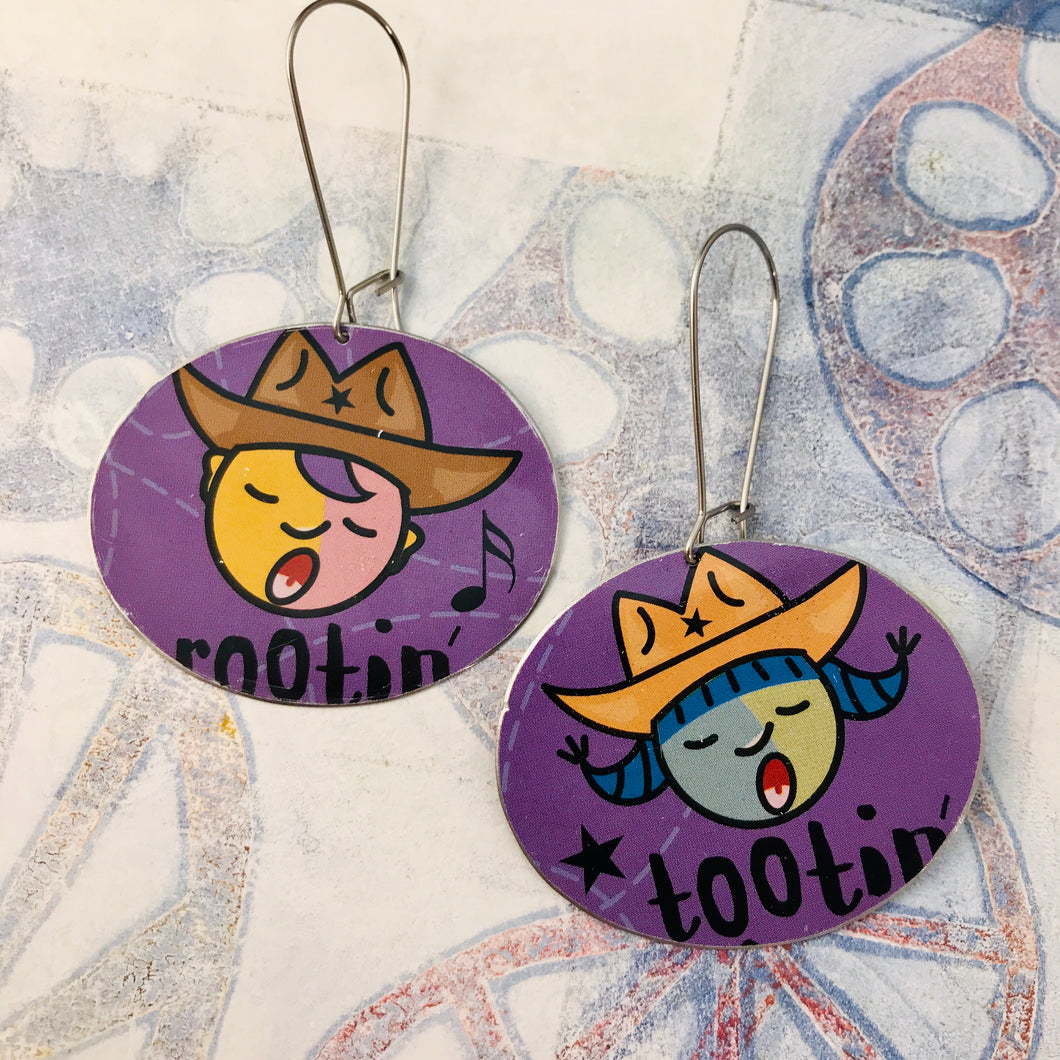 Rootin’ Tootin’ on Purple Large Ovals Tin Earrings
