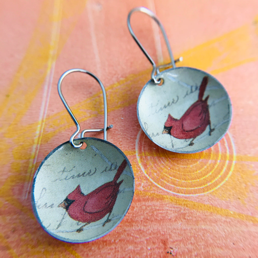Tiny Cardinals Upcycled Tin Dot Earrings