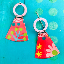 Load image into Gallery viewer, Fun Flowers on Pink Small Fan Tin Earrings