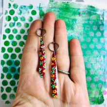 Load image into Gallery viewer, Tiny Orange Flowers on Brick Long Teardrop Upcycled Tin Earrings