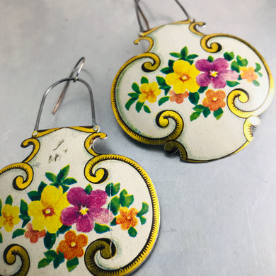 Vintage Flowers on White Lantern Shape Recycled Tin Earrings