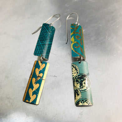 Mixed Aqua & Gold Patterns Rectangles Tin Earrings