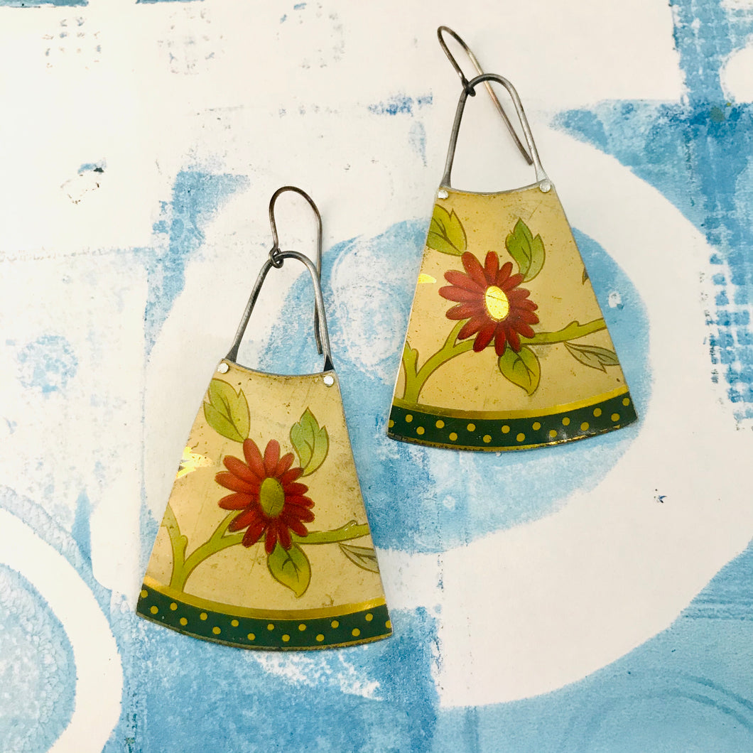 Red Gerber Daisies & Polka Dots Upcycled Tin Long Fans Earrings