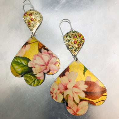 Pink Peonies on Gold Trefoil Upcyled Tin Earrings