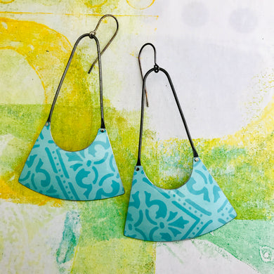 Aqua Pattern Upcycled Tin Fan Earrings