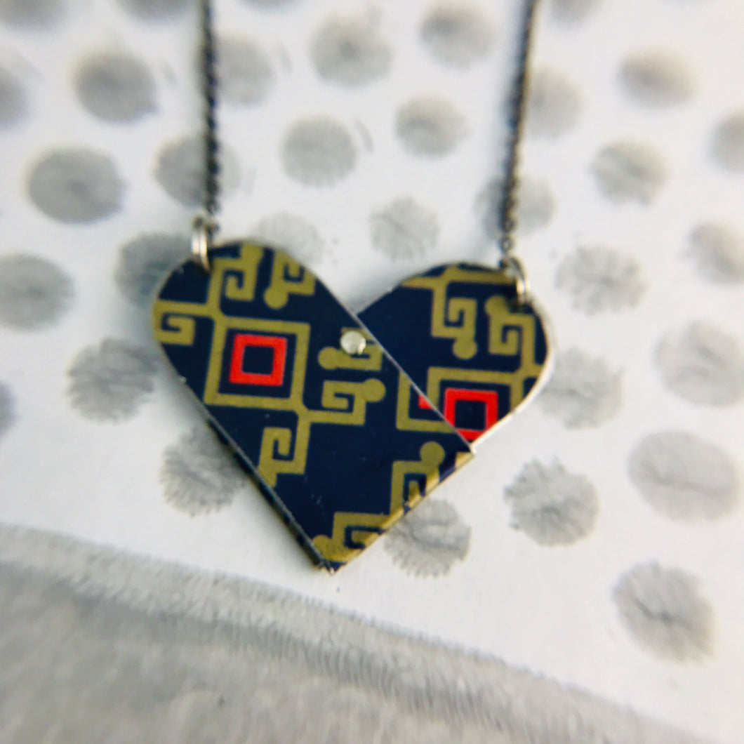 Red & Gold on Midnight Blue Tin Heart Recycled Necklace