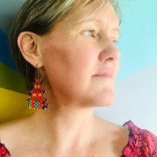 Load image into Gallery viewer, Bright Red Pagodas Upcycled Tin Long Fans Earrings