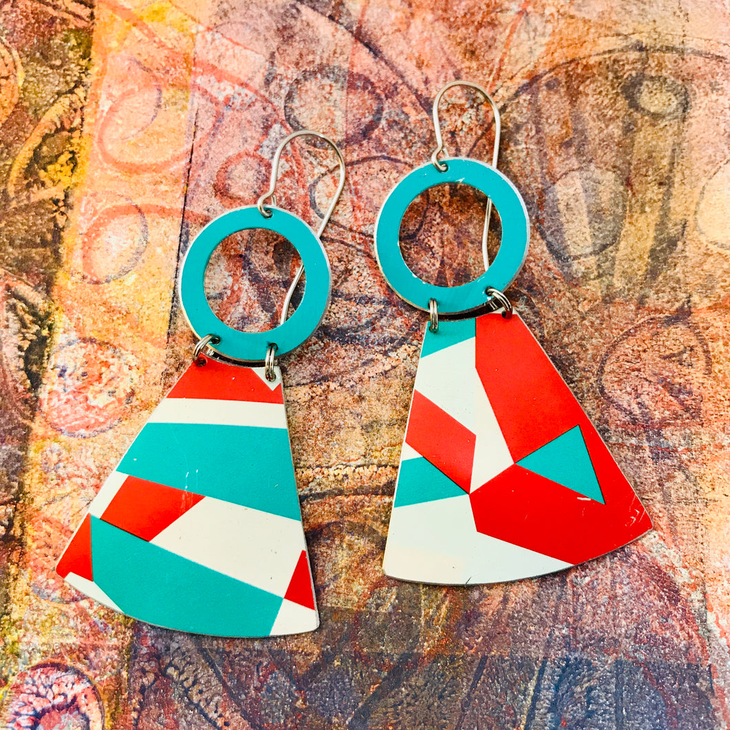 Teal & Scarlet Fractals Small Fans Zero Waste Tin Earrings